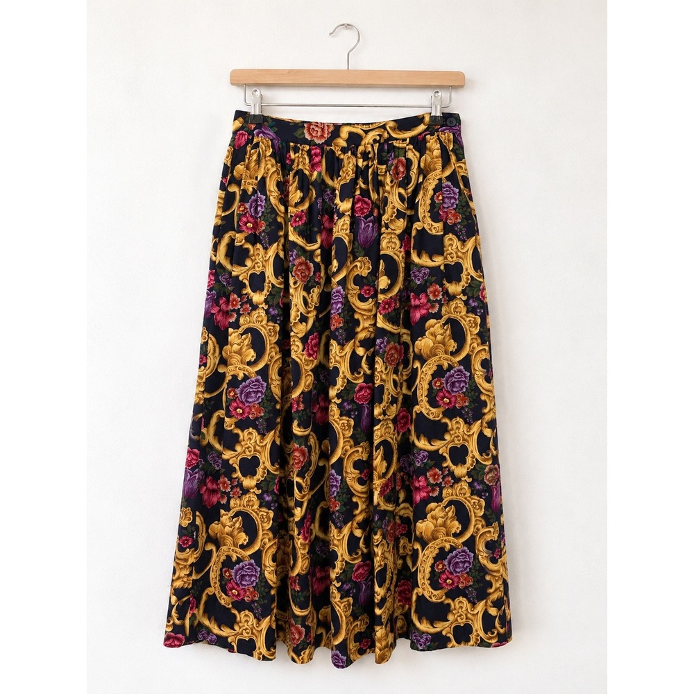 Vintage Charter Club Jane Justin Baroque Floral Midi Skirt 8 Navy Gold NWT 80s